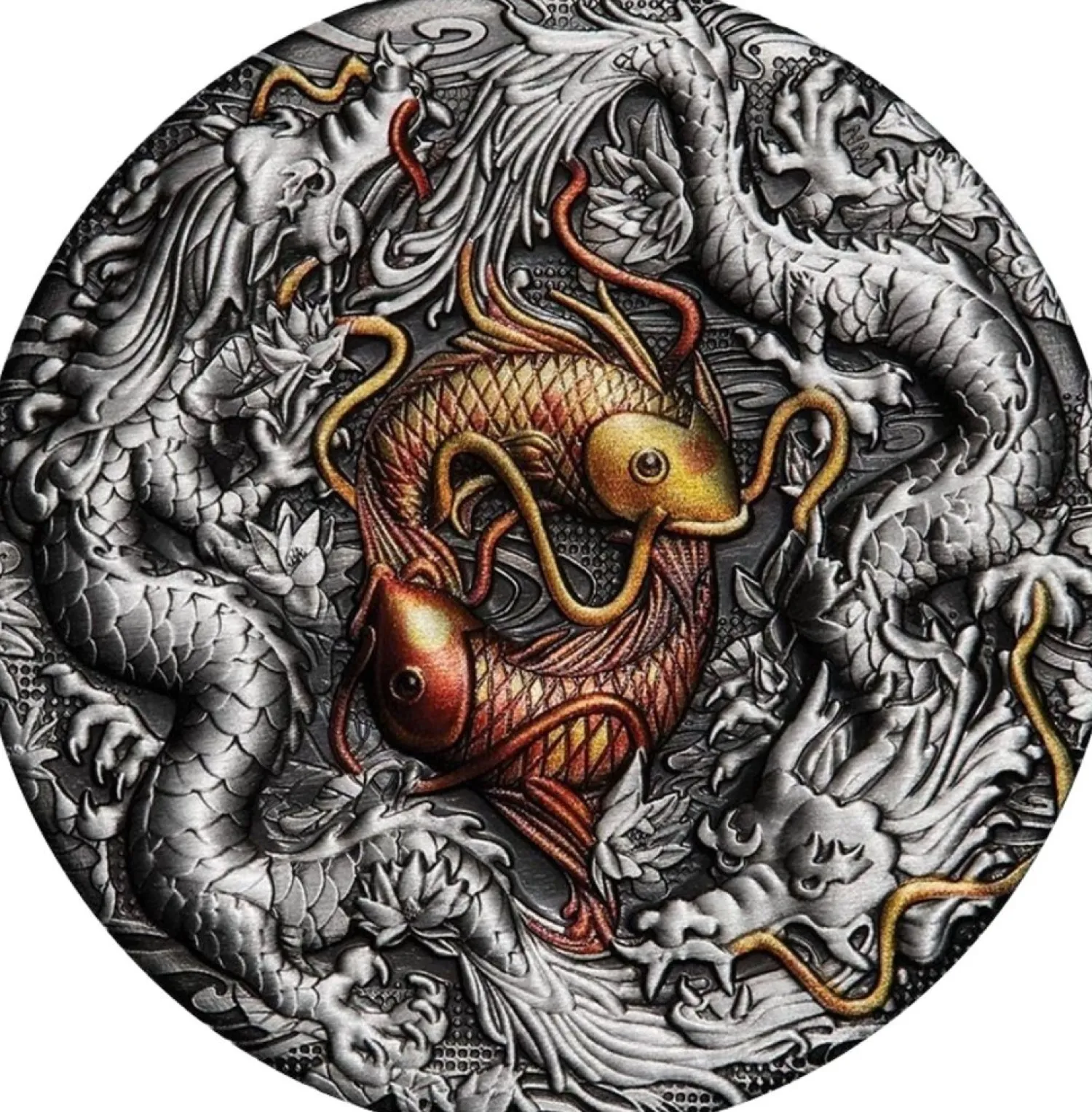 2 Unze Silber Double Dragon und Koi 2021 AF (Auflage: 888 | Antik Finish)-Perth Mint Best