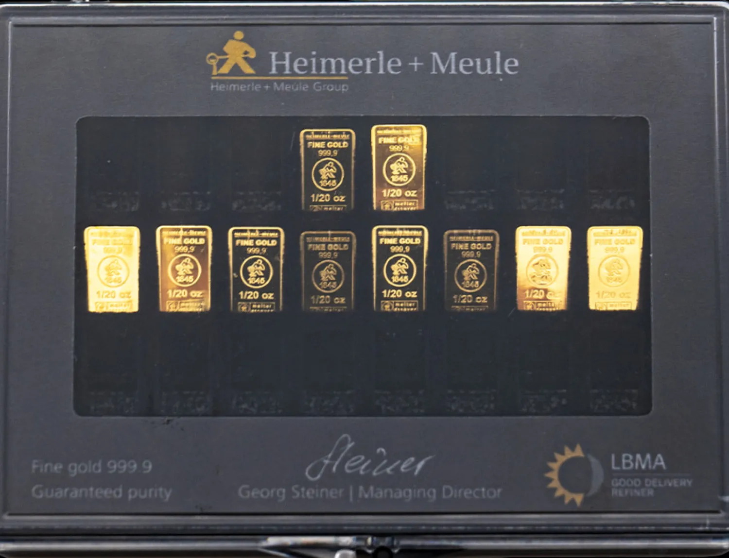 10 x 1/20 Unze Goldbarren Sammlerbox-Heimerle und Meule Cheap